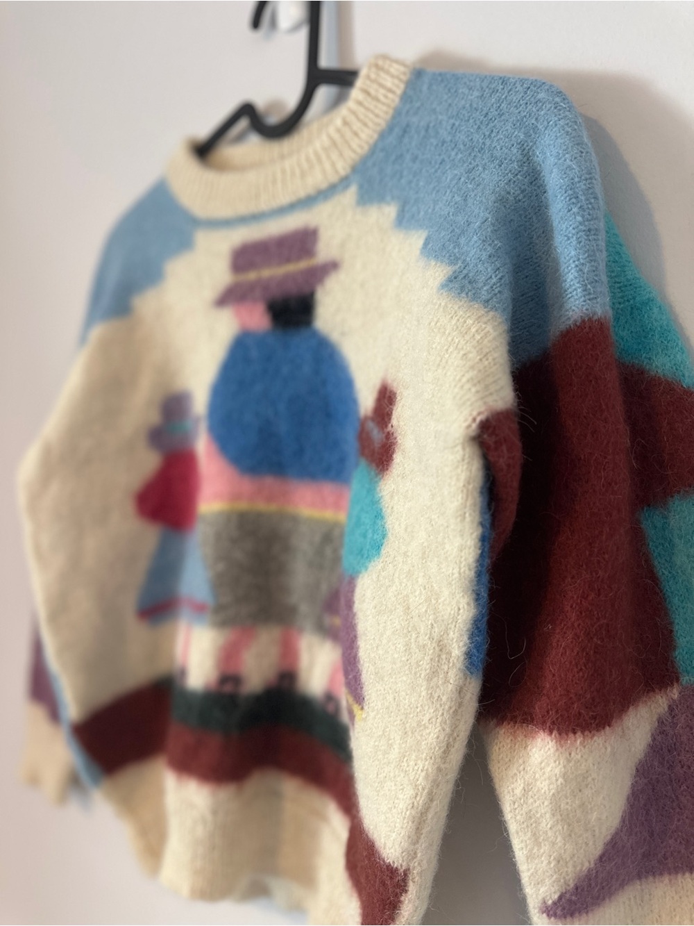 Vintage 80s Peruvian Mohair Blend Sweater | Graphic Knit | Colorblock Crewneck - Picture 4 of 8